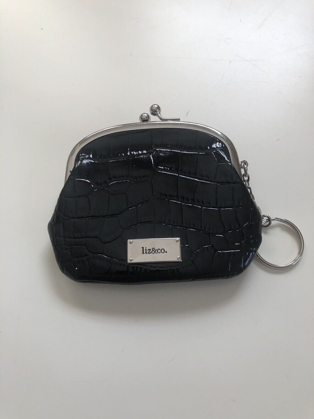Liz Claiborne Black Embossed Croccodile Faux Leather Change Purse 4”x 5.5”x 1”